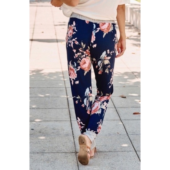 Navy Floral Jogger Sweatpants Lounge Casual Pants - Picture 5 of 7
